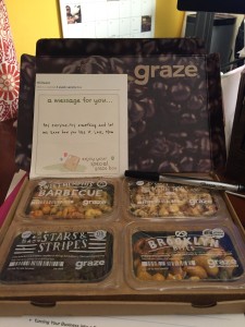 Graze sampler box. Note the Sharpie pen on the box to give you an idea of how big it is.